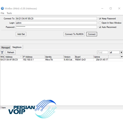 تصویری از صفحه نصب برنامه winbox برای کانفیگ روتر